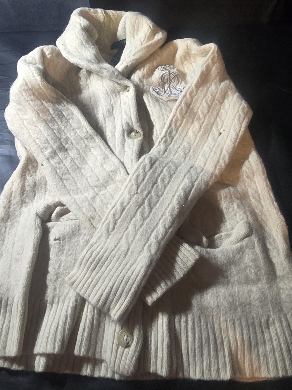 Vintage Lauren Ralph Lauren Cream Embroidere Angora Cable Knit Cardigan L Youth